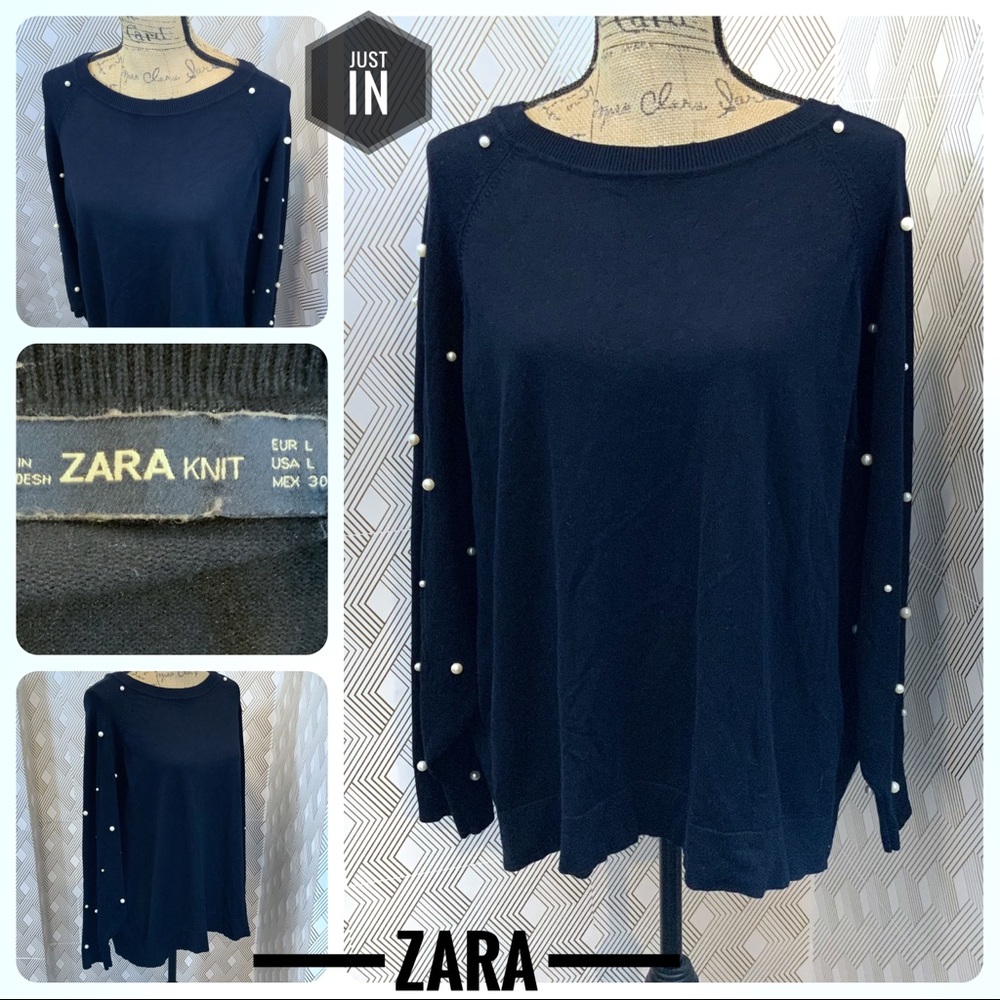 Zara Pearl Sleeved Black Knit Top Size Large